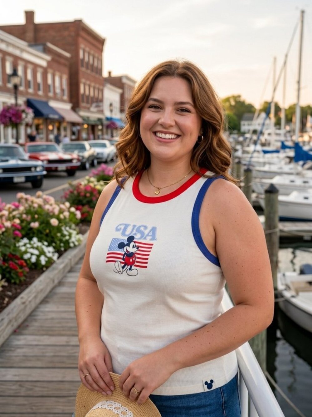Disney White USA Mickey Tank Top with Red & Blue Trim